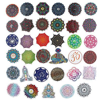 35Pcs Mandala Style Paper Sticker Labels, Self-adhesion Chakra Cartoon Decals, for Suitcase, Skateboard, Refrigerator, Helmet, Mobile Phone Shell