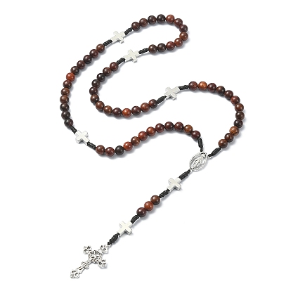 Colliers de perles chapelet en bois, alliage vierge marie avec collier pendentif croix pour femme