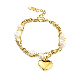 Placage sous vide 304 bracelet multibrins double couche en acier inoxydable, bracelet à breloques coeur avec perle naturelle perlée pour fille femme