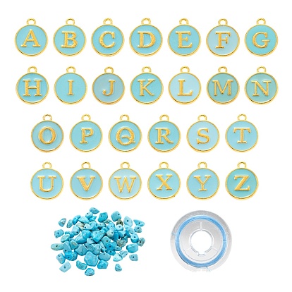 26Pcs Flat Round Initial Letter A~Z Alphabet Enamel Charms, 20G Synthetic Turquoise Chip Beads and Elastic Thread, for DIY Jewelry Making Kits