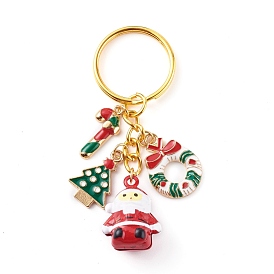 Baking Painted Brass Bell Father Christmas Keychain for Christmas, with Iron Split Key Rings and Alloy Enamel Pendants, Colorful