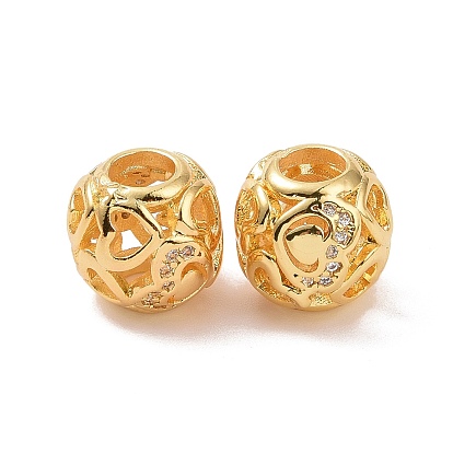 Brass Rhinestone European Beads, Large Hole Beads, Long-Lasting Plated, Round with Heart
