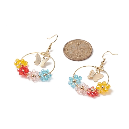 Glass Beaded Flower & Brass Butterfly Dangle Earrings, Golden 304 Stainless Steel Wire Wrap Jewelry for Women