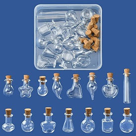15 pcs 15 styles mini contenants de perles de bouteille en verre à haute teneur en borosilicate, souhaitant bouteille, avec bouchon en liège, étoile & coeur & poivre, formes mixtes