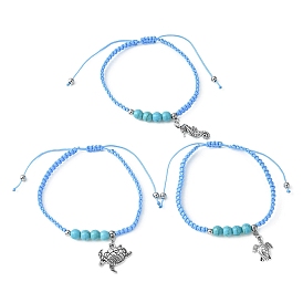 3шт. 3 набор браслетов из сплава с подвесками в стиле черепахи и морского конька, плетеные регулируемые браслеты из синтетической бирюзы