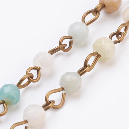 Handmade Gemstone Beaded Chains, Unwelded, with Iron Eye Pin