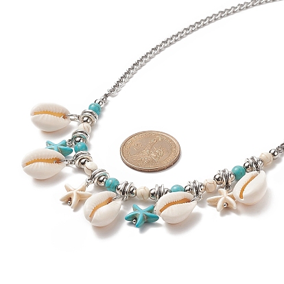 Synthetic Turquoise Starfish & Natural Shell Pendant Necklace, 304 Stainless Steel Jewelry for Women