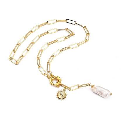 Natural Baroque Pearl Keshi Pearl Lariat Necklaces, with Brass Paperclip Chains and Alloy Rhinestone Pendant, Sun with Eye