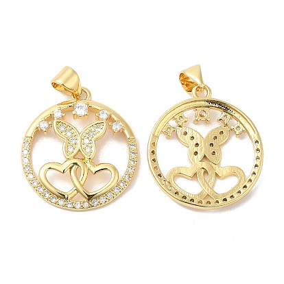 Brass Micro Pave Clear Cubic Zirconia Pendants, Ring with Butterfly & Heart Charms
