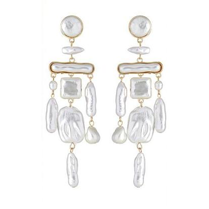 ABS Imitating Baroque Pearl Geometry Chandelier Earrings, Golden Alloy Long Tassel Earrings
