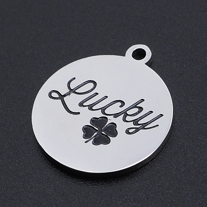201 Stainless Steel Etched Pendants, Flat Round with Word Lucky & Clovers