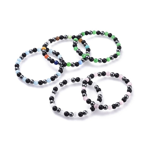 Cat Eye Stretch Bracelets, with Natural Black Agate(Dyed) Beads and Non-Magnetic Synthetic Hematite Beads, Round