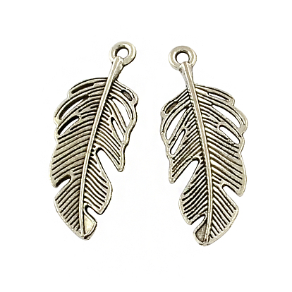Tibetan Style Alloy Feather Pendants, Cadmium Free & Lead Free, 40x15.8x3mm, Hole: 2mm, about 192pcs/500g