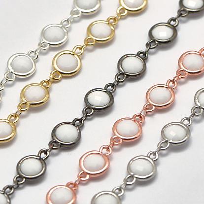 Facettes k 9 chaines perlées à la main en verre, soudé, avec les accessoires en laiton, sans cadmium et sans plomb, plat rond, blanc
