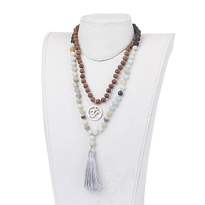Amazonite naturel, colliers de perles de pierre de lave et de bois, avec l'alliage, gland pendentifs sac de jute emballage, ohm