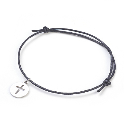 304 Stainless Steel Charm Bracelets, with Chinese Waxed Cotton Cord, Flat Round with Cross