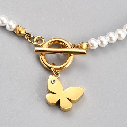 304 Stainless Steel Pendant Necklaces, with Acrylic Imitation Pearl Round Beads and Rhinestone, Butterfly, White