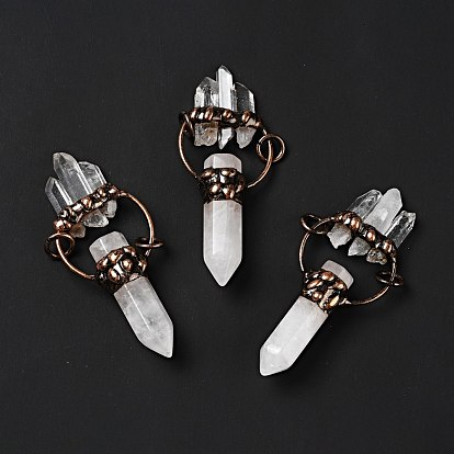 Natural Quartz Crystal Big Pendants, Rock Crystal, Large Hole Pendants, with Red Copper Tone Brass Findings, Cadmium Free & Lead Free, Bullet & Nuggets