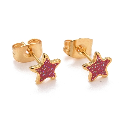 304 Stainless Steel Enamel Stud Earrings, with 316 Surgical Stainless Steel Pin & Glitter Powder, Golden, Star