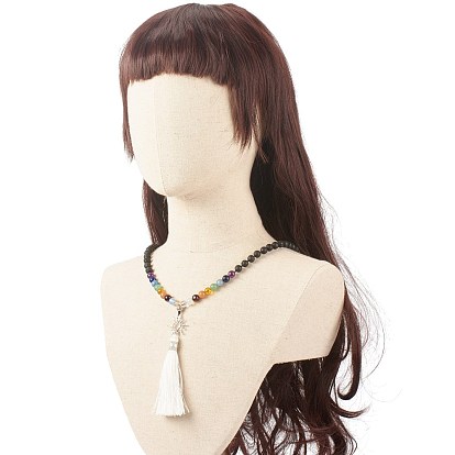 Sun and Tassel Big Pendant Buddhist Necklace, Natural Lava Rock & Mixed Gemstone Mala Beads Jewelry for Women