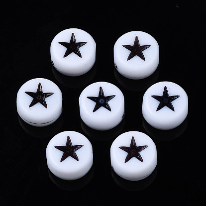 Opaque Acrylic Beads, Flat Round with Star