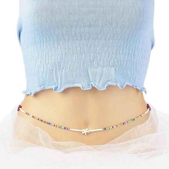 Bijoux d'été perle de taille étoile de mer, chaînes de corps perlées de graines de verre et de turquoise synthétique, bijoux de bikini pour femme