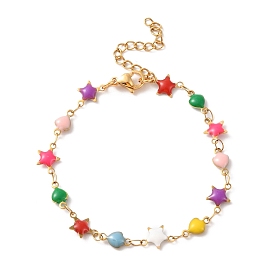 Enamel Star & Heart Link Chain Bracelet, Vacuum Plating 304 Stainless Steel Jewelry for Women