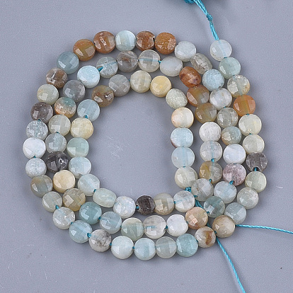 Natural Flower Amazonite Beads Strands, Faceted, Flat Round