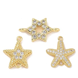 Real 18K Gold Plated Brass Micro Pave Cubic Zirconia Connector Charms, Star/Starfish Links