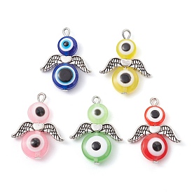 Evil Eye Resin Bead Pendants, Angel Charms with Alloy Wings