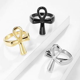 Stainless Steel Ankh Cross Finger Ring, Wide Chunky Ring for Men Women