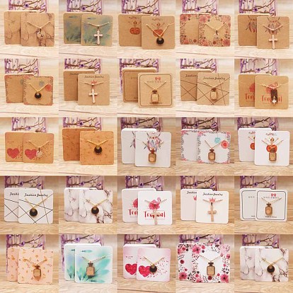 100Pcs Square Necklaces Dislay Cards, Skull/Marble Print/Flower/Trapezoid/Flamingo Shape/Bowknot/Feather
