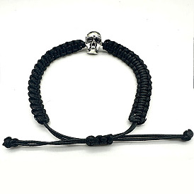 Skull Alloy Braided Bead Bracelets, Adjustable Polyester Cord Bracelets for Women