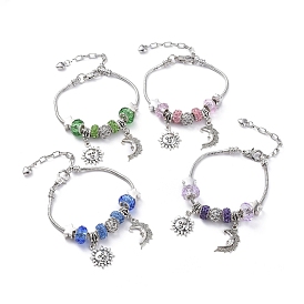 Laiton bracelets européens, avec perles strass argile polymère , perles européennes en verre, perles et pendentifs européens en alliage, soleil et lune
