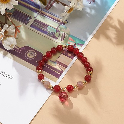 Natural Carnelian(Dyed & Heated) & Strawberry Quartz Beaded Stretch Bracelet with Glass Strawberry Charms for Women