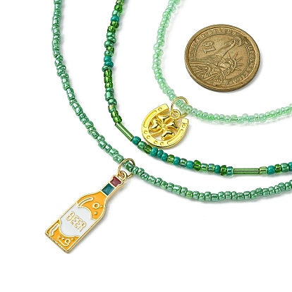 3 piezas 3 collares con colgante de esmalte de aleación de estilo con cadenas de cuentas de semillas de vidrio, trébol y botella