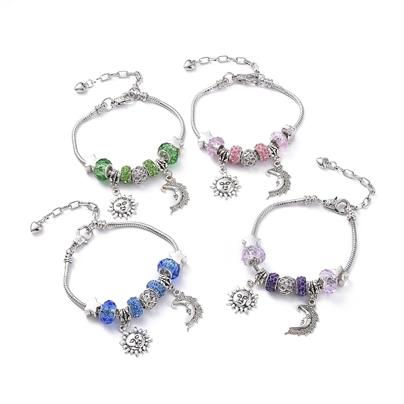 Laiton bracelets européens, avec perles strass argile polymère , perles européennes en verre, perles et pendentifs européens en alliage, soleil et lune