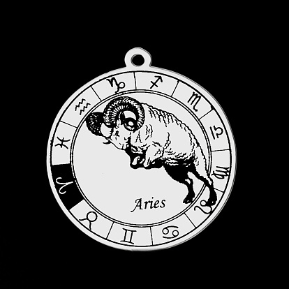 201 Stainless Steel Pendants, Laser Engraved Pattern, Flat Round with Constellation