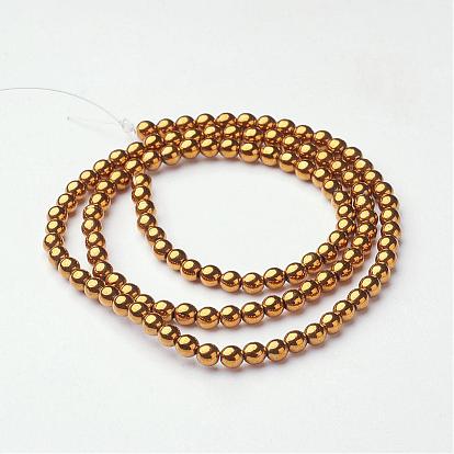 Non-magnétiques perles d'hématite synthétique brins, ronde, plaqué or