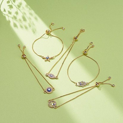 Crystal Rhinestone Link with Enamel Evil Eye Slider Bracelet, Brass Adjustable Bracelet for Women, Golden