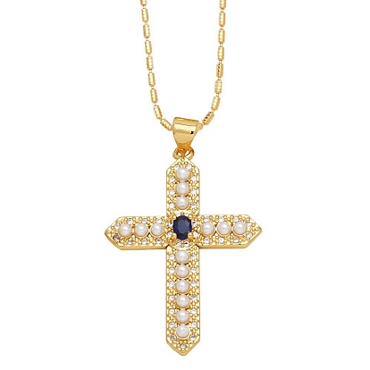 Brass Micro Pave Cubic Zirconia Pendant Necklaces, with Plastic Beads, Cross