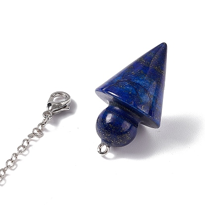 Gemstone Cone Dowsing Pendulum Pendants, with Chakra Gemstone Round Beads, Rack Plating Platinum Tone Brass Findings & Chains, Cadmium Free & Lead Free
