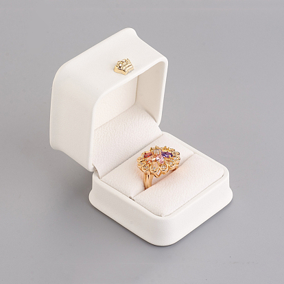 PU Leather Ring Gift Boxes, with Golden Plated Iron Crown and Velvet Inside, for Wedding, Jewelry Storage Case