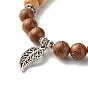 Reiki Natural Mixed Stone & Wenge Wood Beads Stretch Bracelet, Leaf Alloy Charm Bracelet for Girl Women
