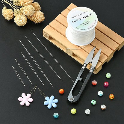 High Carbon Steel Big Eye Beading Needle, with Sharp Steel Scissors, Elastic Crystal String and Steel Sewing Needle Devices