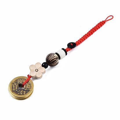 Brass Coins Pendant Decorations, with Wood & Natural Agate & Coconut Beads