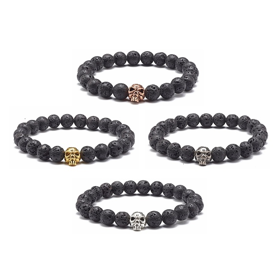 Bracelet extensible perles rondes en pierre de lave naturelle, bracelet de perles en alliage de style crâne tibétain, articles anti-dépression et anti-anxiété cadeaux pour hommes femmes
