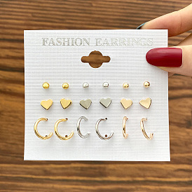 Heart-shaped earrings set - 9 pieces, creative and minimalist, for women.