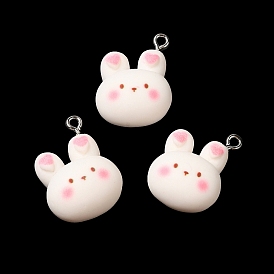 Cartoon Opaque Resin Pendants, Rabbit Charms with Platinum Plated Zinc Alloy Loops