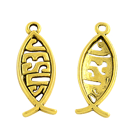 Tibetan Style Alloy Pendants, For Easter, Cadmium Free & Nickel Free & Lead Free, Jesus Fish, 26x9.5x2mm, Hole: 2mm, about 1050pcs/1000g